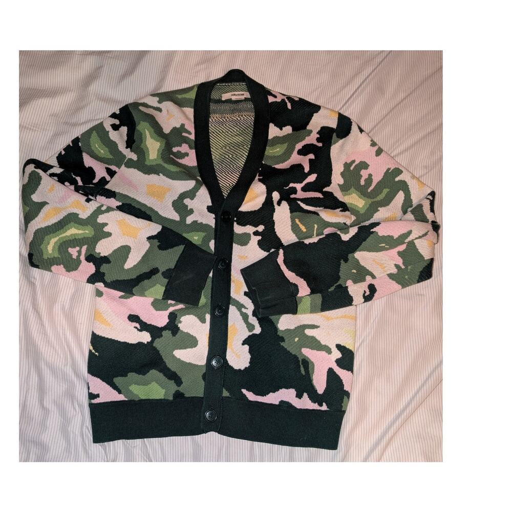 Zadig & Voltaire Pink, Green & Black Camo Crewneck Cardigan